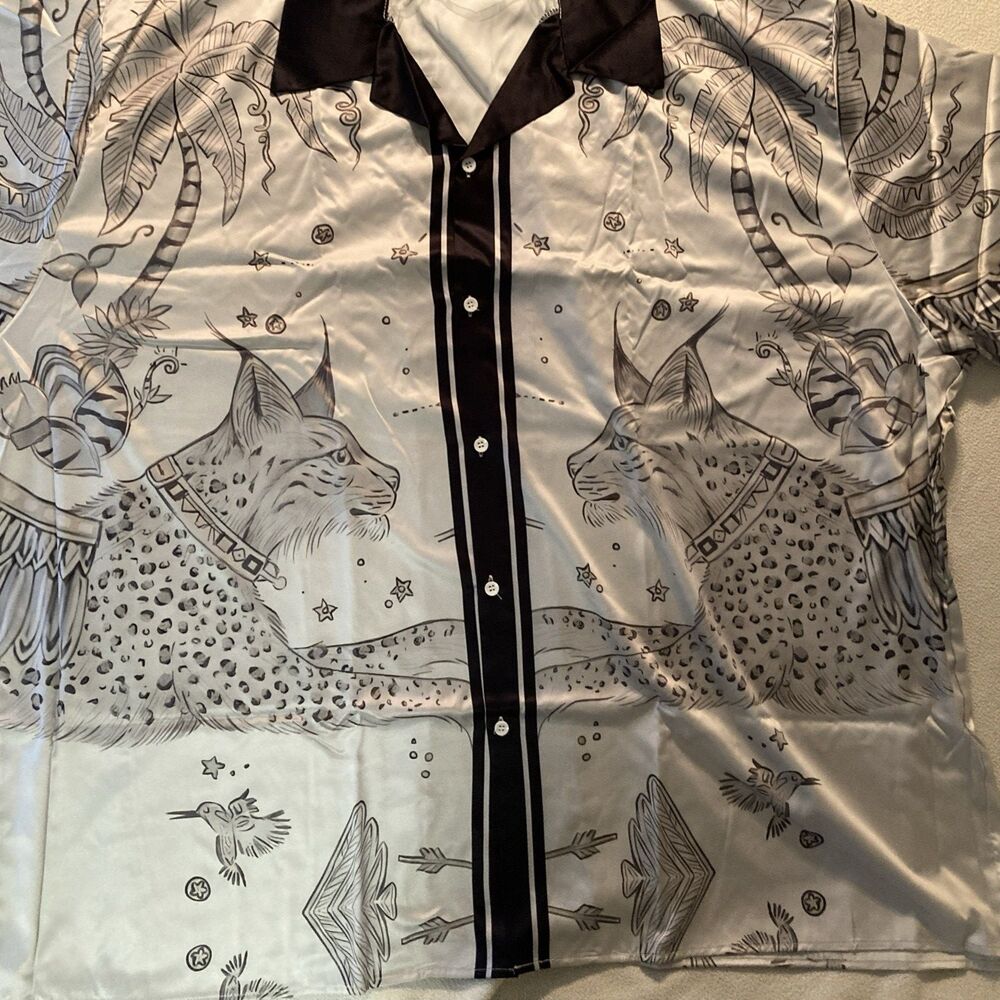Custom Made Silk Like Lounge Shirt Size 5XL Geometric Design White/Black Classic - Picture 2 of 7